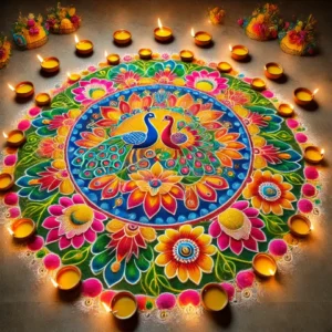 DALL E 2024 10 17 14.45.25 A vibrant and intricate rangoli design beautifully crafted with colorful powders and flower petals. The rangoli features traditional motifs like peac 480x480